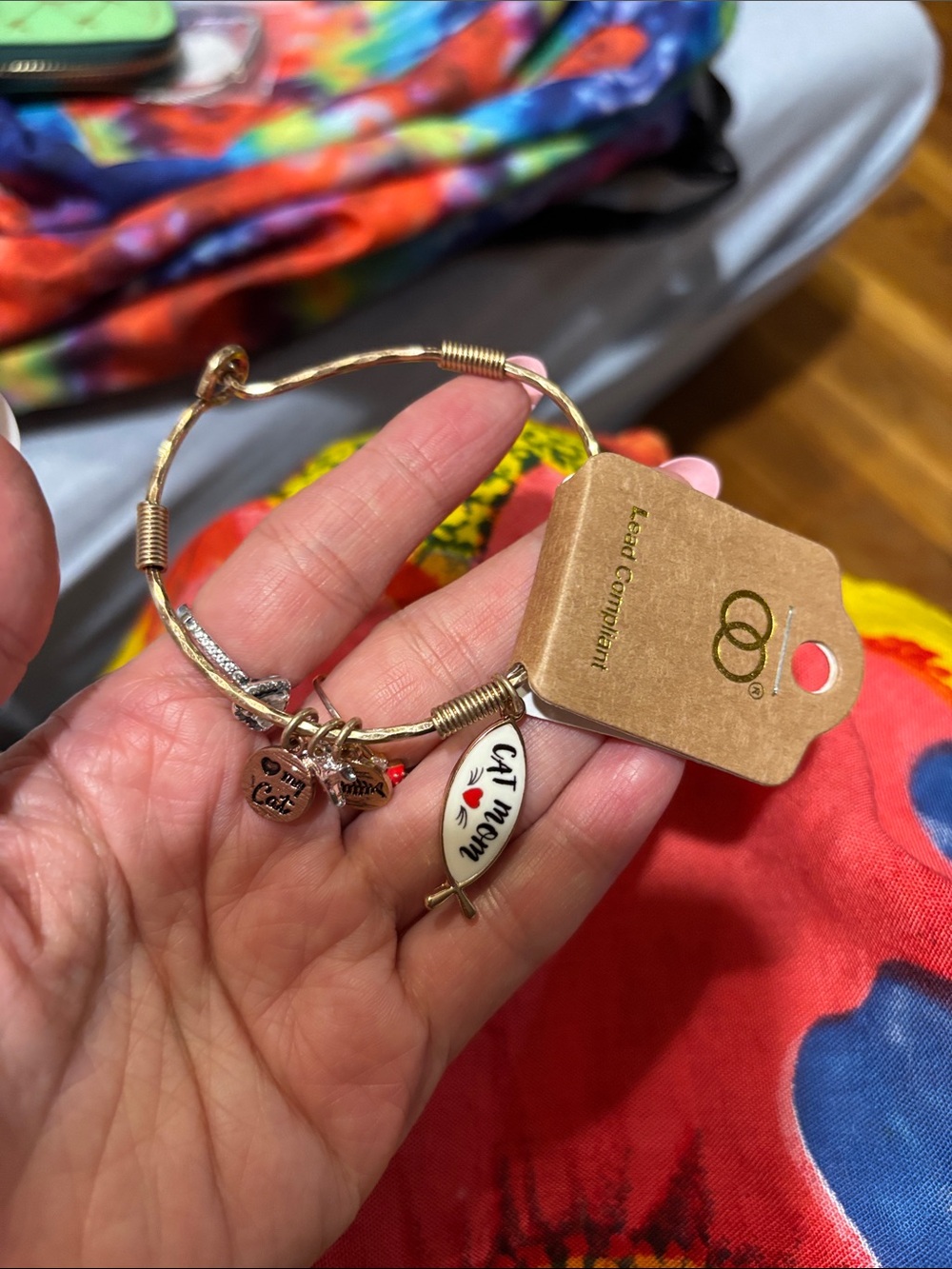 Cat Mom Gold-Tone Charm Bangle Bracelet